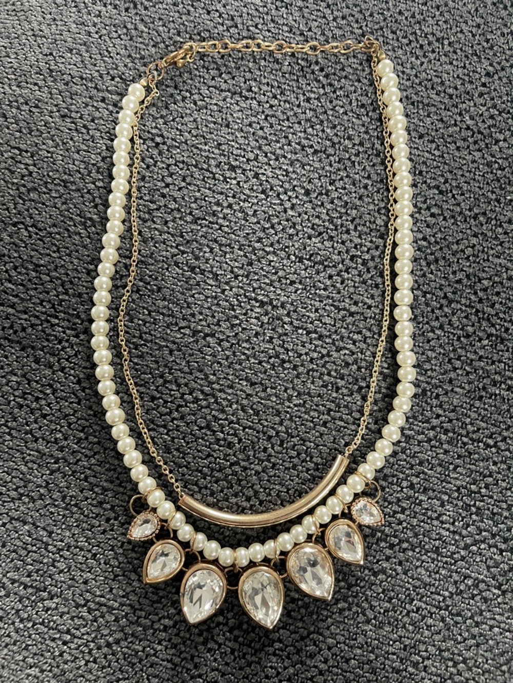 Gold Tone Pearl & Crystal Statement Necklace - White Pearls
